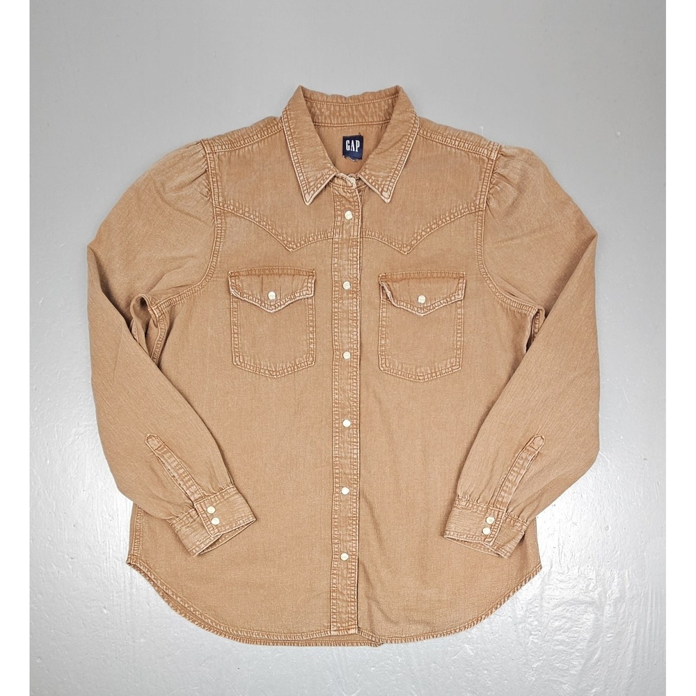 Vintage Gap Denim Shirt Mens XL Brown Pearl Snap Long‎ Sleeve Western Cowboy